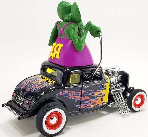 1/18 1932 Ford Blown 5 Window Coupe Black with Flames and Rat Fink Figure Limited Edition to 522 pieces Worldwide