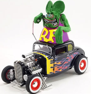 1/18 1932 Ford Blown 5 Window Coupe Black with Flames and Rat Fink Figure Limited Edition to 522 pieces Worldwide