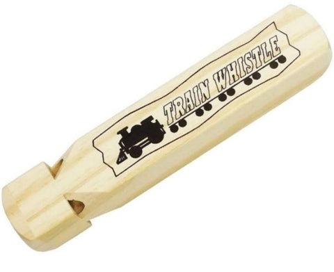 Wooden Train whistle with image of a train and the words "TRAIN WHISTLE" printed