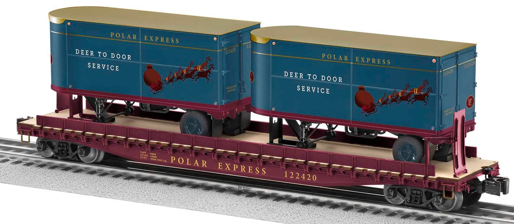 O Polar Express 50' Flatcar with / 20' Trailers #122420